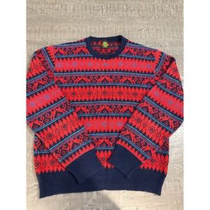 Vintage 80s Iredell County Sweater L USA Orlon Knit Red Blue Fair Isle Geometric